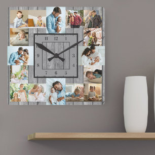 Fotomontage 16 Bilder Grau Holz nummeriert Quadratische Wanduhr