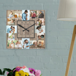 Fotomontage 16 Bilder rustikale Holz nummeriert Quadratische Wanduhr