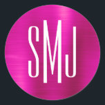 Fotopapier mit drei Buchstaben Runder Aufkleber<br><div class="desc">Ein einfaches,  dreiteiliges Monogramm-Design für Gunst-Aufkleber. Hochzeitspaar 3-Buchstaben-Monogramm-Umschlag Aufkleber. Der Hintergrund ist mit einem Imitat Hot Rosa und Magenta ombre Metallic Folie digitale Kunst Grafik. Der digitale Kunsteffekt druckt wie ein Foto mit einem mit Monogramm Textdesign.</div>