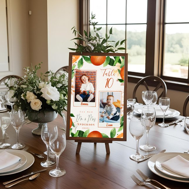 Fotos der Braut- und Groom-Orange-Hochzeit Tischnummer (Childhood Photos Of Bride & Groom Orange Wedding Table Number)