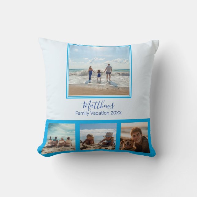Fotos der Familie Collage Blue Throw Pillow Kissen (Vorderseite)