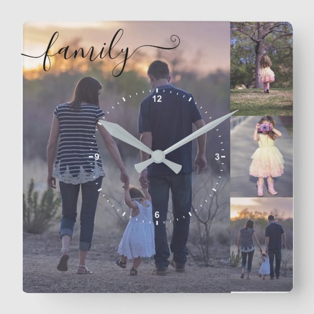 Fotos der Fotokollage-Familie Vorlage Kalligrafie Quadratische Wanduhr (Vorderseite)
