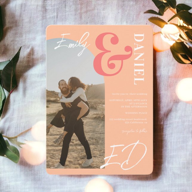 Fotos fett Namen Skript Bogen Pfirsichlachs Hochze Einladung (Photos bold names script arch peach salmon wedding invitation)