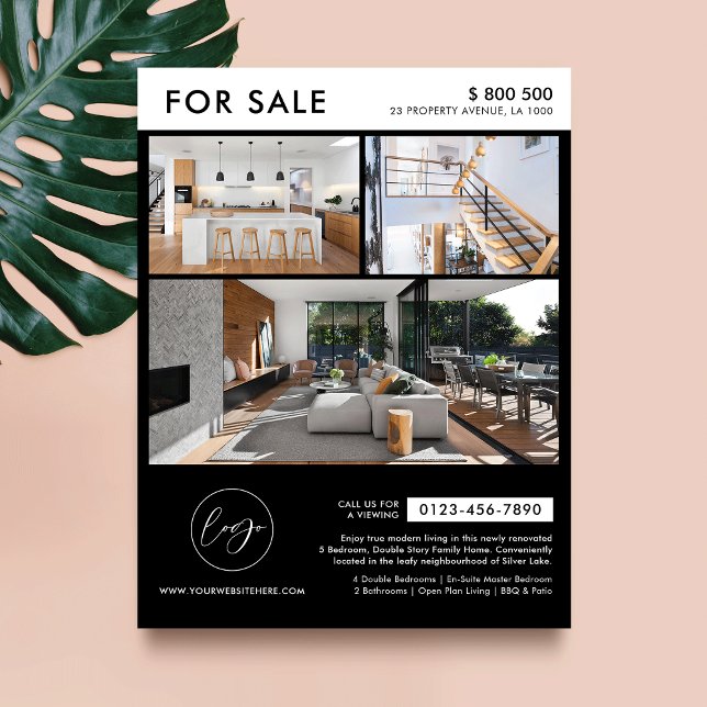 Fotos für Minimalistische Schwarze Logos zum Verka Flyer (Minimalist black and white property for sale marketing flyer with photos and your contact details)