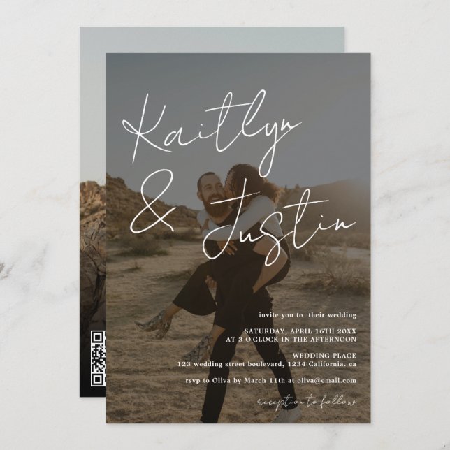 Fotos Name Skript Kalligrafie Schwarze Hochzeit Einladung (Vorne/Hinten)