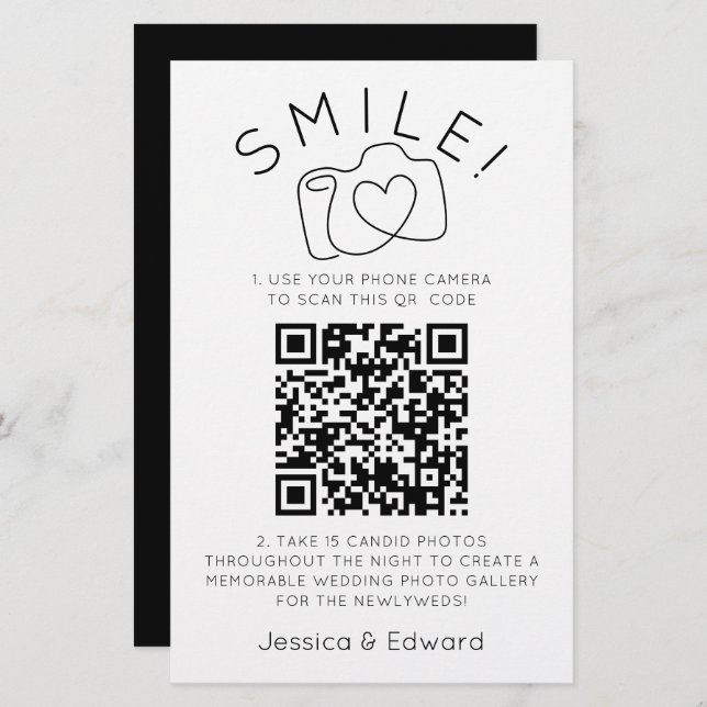 Fotos QR Code Black Chic Moderne Hochzeit Briefpapier (Vorne/Hinten)