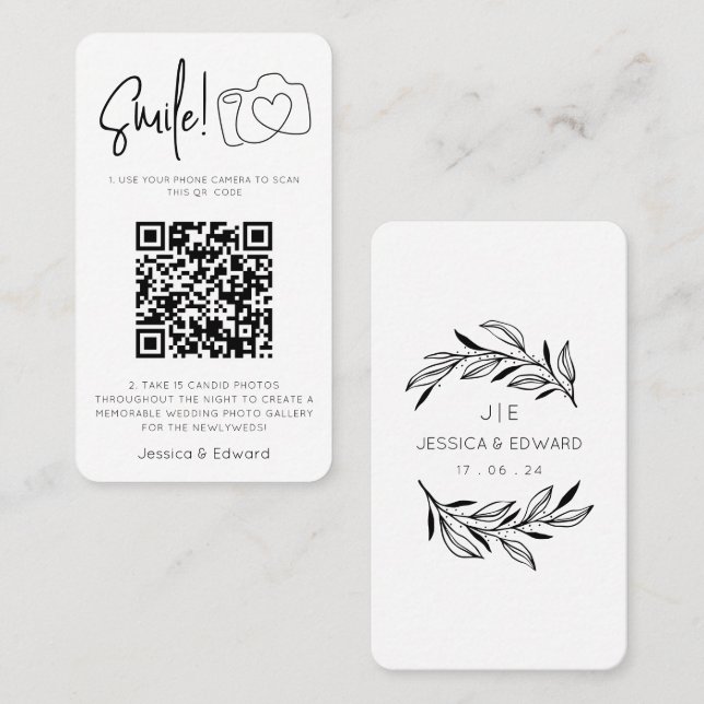 Fotos QR Code Black Chic Moderne Hochzeit Platzkarte (Vorne/Hinten)