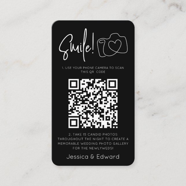 Fotos QR Code Black Chic Moderne Hochzeit Platzkarte (Vorderseite)