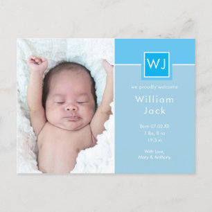 Fotos von Baby Boy Blau Elegant Chic Monogramm Geb Ankündigungspostkarte