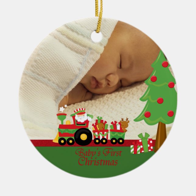Fotoverzierung des Sankt-Zugbabys erste Weihnachts Keramik Ornament (Vorne)