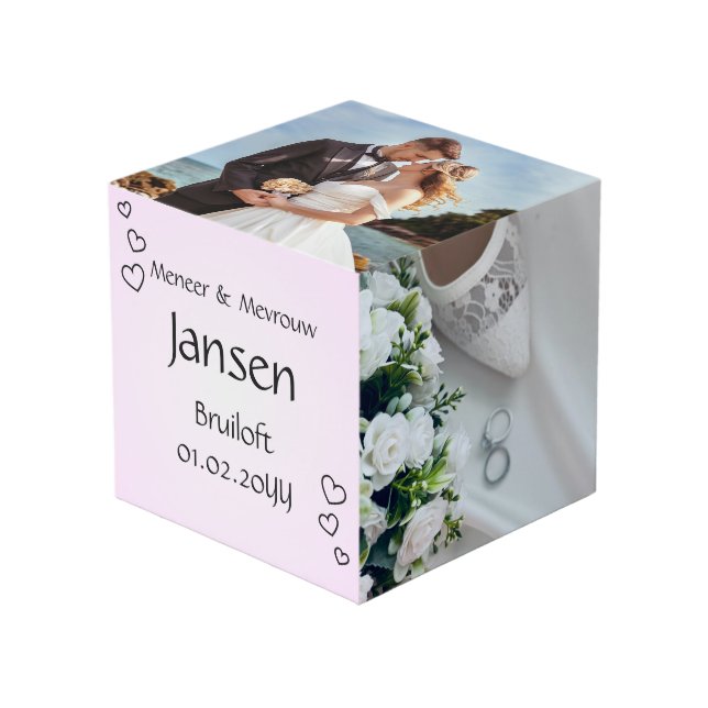 Fotowürfel Hochzeit – Hellrosa mit Herzchen - Würfel (Vorderseite Schrägansicht)
