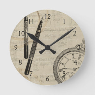 Fountain Pens and Watchface with Notes Runde Wanduhr