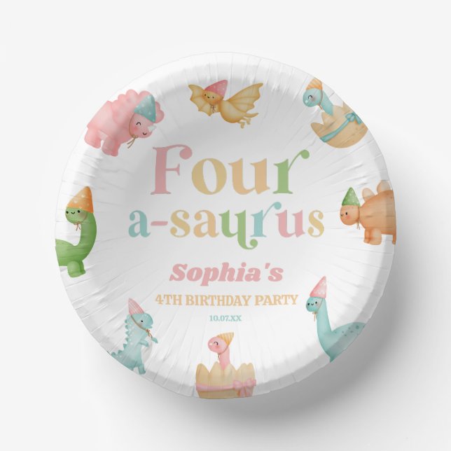 Four A-Saurus Dinosaur 4th Fourth Birthday Party Pappteller (Vorderseite)