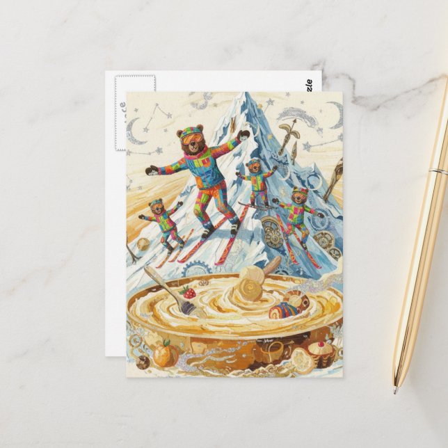 four bears ski to a bowl of porridge  postkarte (Vorderseite/Rückseite Beispiel)