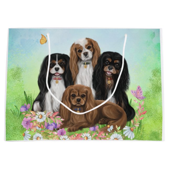 Four Cavalier King Charles Spaniels in Blume  Große Geschenktüte (Vorderseite)