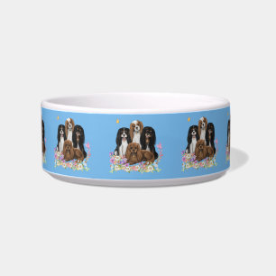 Four Cavalier King Charles Spaniels in Blume Napf