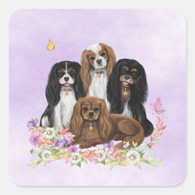 Four Cavalier King Charles Spaniels in Blume Quadratischer Aufkleber (Vorderseite)