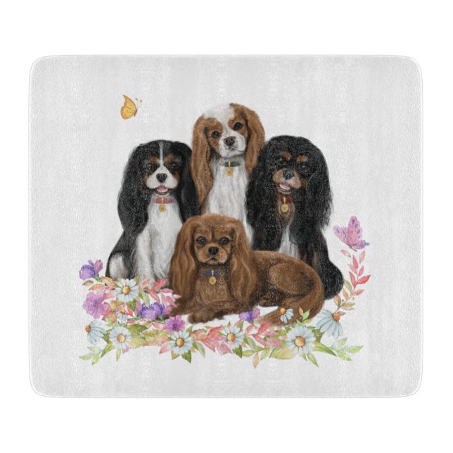 Four Cavalier King Charles Spaniels in Blume   Schneidebrett (Vorderseite)
