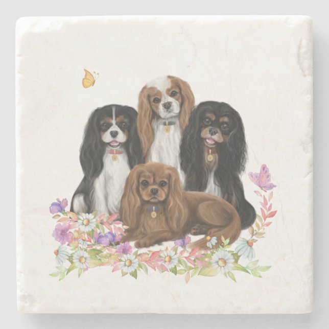 Four Cavalier King Charles Spaniels in Blume    Steinuntersetzer (Vorderseite)
