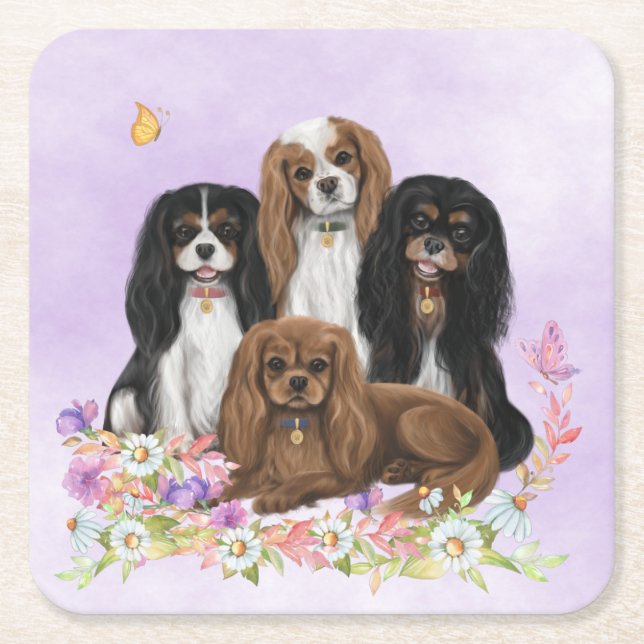 Four Cavalier King Charles Spaniels in Flowers  Rechteckiger Pappuntersetzer (Vorderseite)