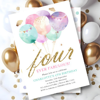 Four Ever Fabulous Balloon 4th Birthday Einladung
