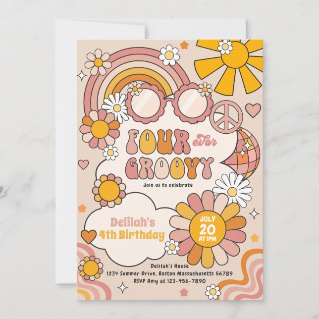Four Ever Groovy 70s Flower Power Rainbow Birthday Einladung (Vorderseite)