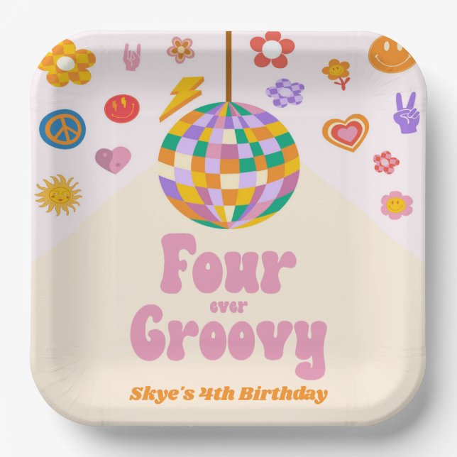 Four Ever Groovy Disco Ball 4th Birthday Party Pappteller (Vorderseite)