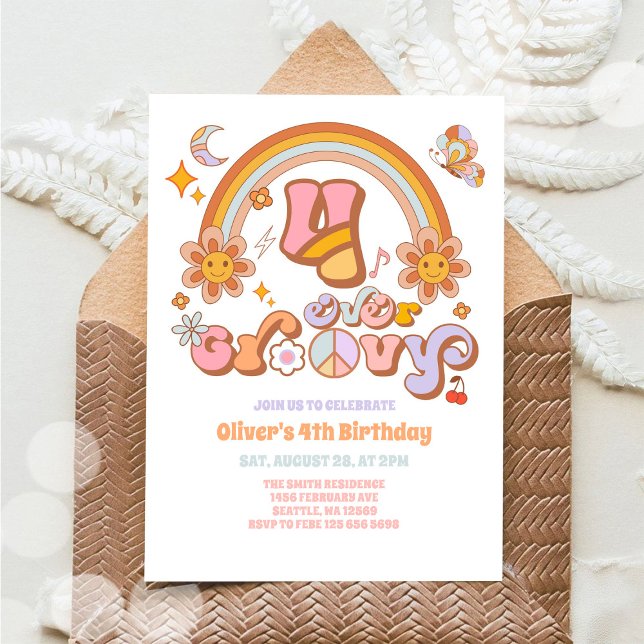 Four Ever Groovy Retro 4th Birthday Invitation Einladung (Von Creator hochgeladen)