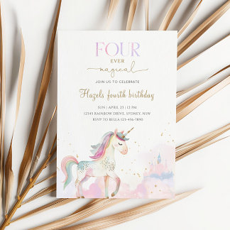 Four Ever Magical Pastel Unicorn 4th Birthday Einladung