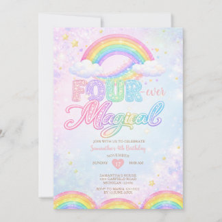 FOUR EVER Magical Rainbow 4th birthday invitation Einladung