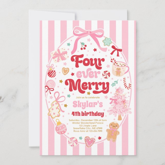 Four Ever Merry Christmas Bow 4th Birthday Einladung (Vorderseite)