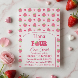 Four Ever Sweet Pink Strawberry Girl 4. Geburtstag Einladung