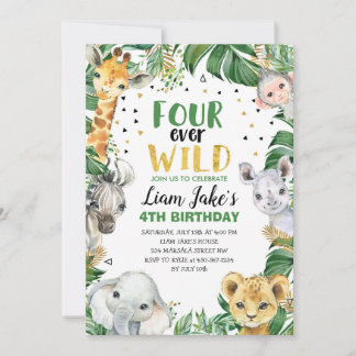 Four Ever Wild Jungle Safari 4. Geburtstag Party Einladung
