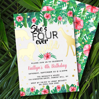 Four Ever Wild Jungle Safari Girls 4. Geburtstag Folieneinladung