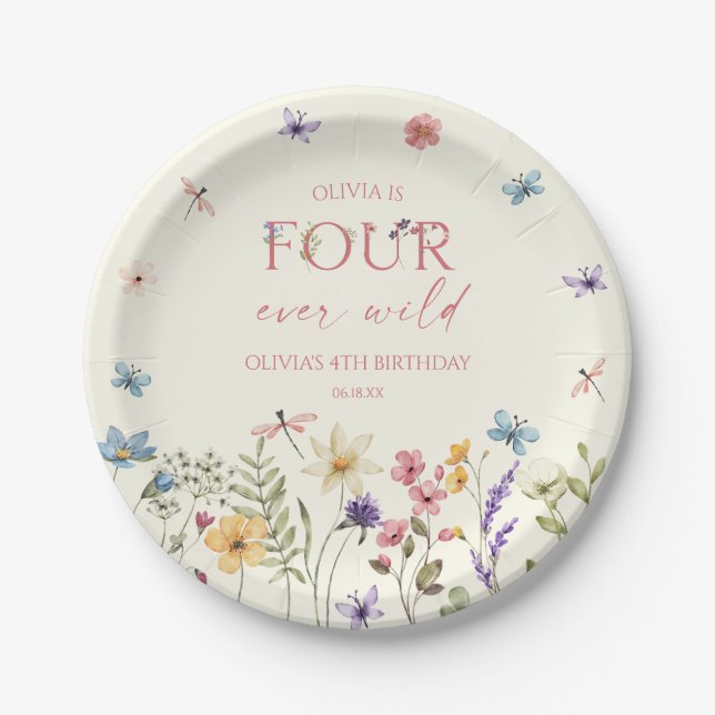 Four Ever Wild Wildflower 4th Birthday Party Pappteller (Vorderseite)