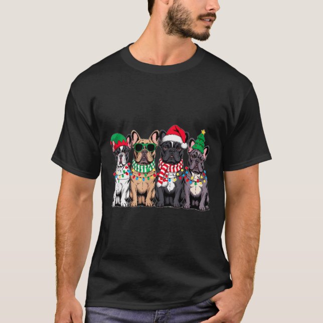 Four French Bulldog Dogs Christmas Funny Santa Rei T-Shirt (Vorderseite)
