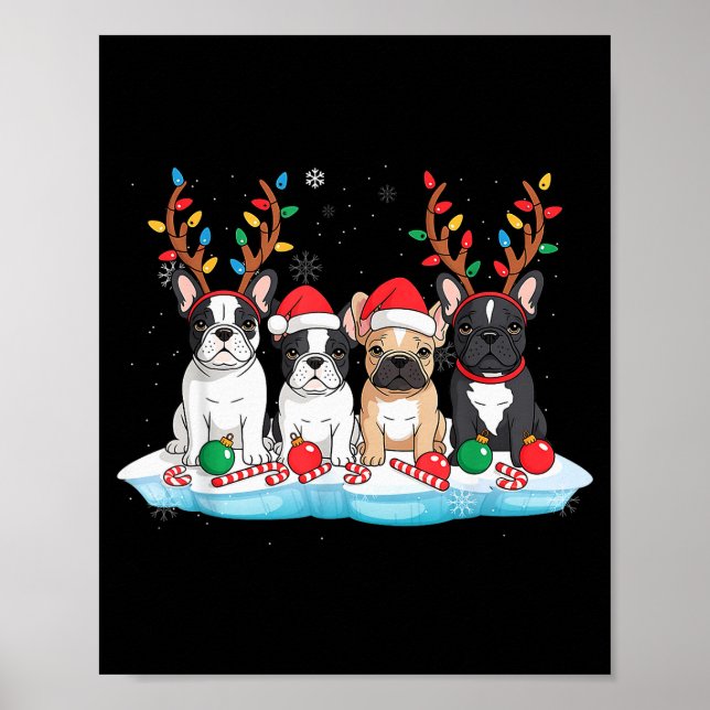 Four French Bulldog Dogs Christmas Light Reindeer  Poster (Vorne)
