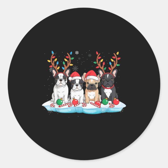 Four French Bulldog Dogs Christmas Light Reindeer  Runder Aufkleber (Vorderseite)