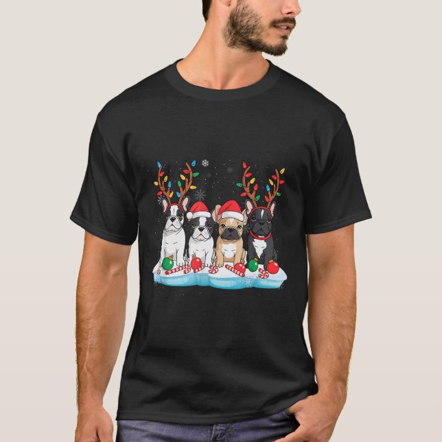 Four French Bulldog Dogs Christmas Light Reindeer  T-Shirt (Vorderseite)
