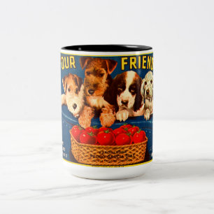Four Friends Vintage Tomatenkisten-Etikett Hunde Zweifarbige Tasse