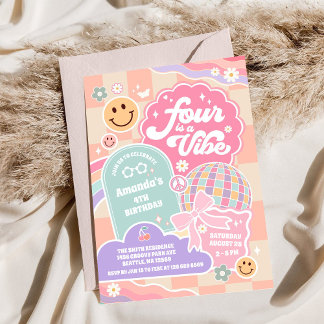 Four Is A Vibe Cloud Rainbow Disco 4th Birthday Einladung