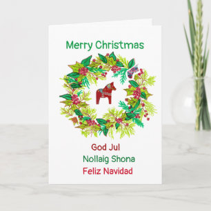 Four Language Dala Horse Christmas Card Feiertagskarte