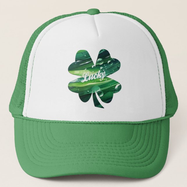 Four Leaf Clover Lucky Watercolor Shamrock Graphic Truckerkappe (Vorderseite)