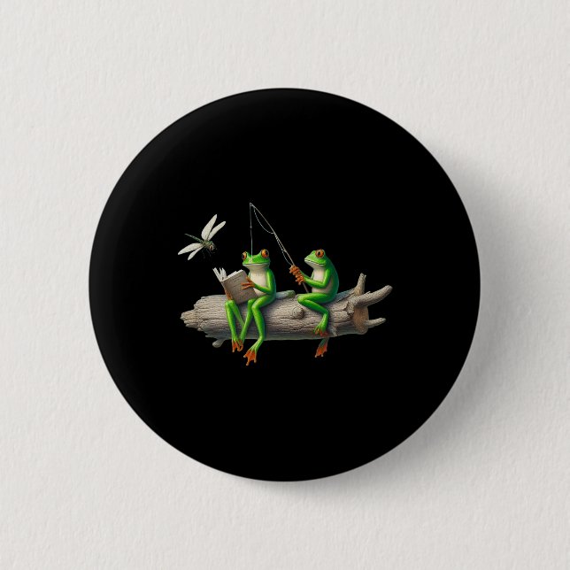 Four Legs Frog On A Log Frog Fishing Dragonfly Rea Button (Vorderseite)