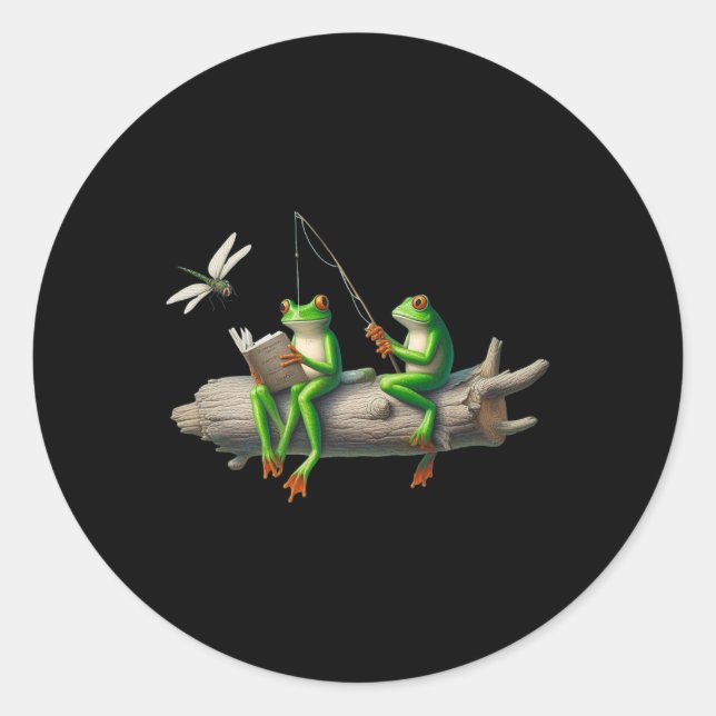 Four Legs Frog On A Log Frog Fishing Dragonfly Rea Runder Aufkleber (Vorderseite)