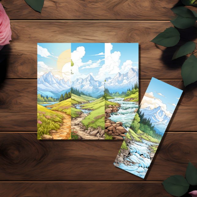 Four Pack Landscape Lesezeichen (zum Weiterverkauf Einladung (Image shows a set of four landscape bookmarks lying on top of a wooden table.)