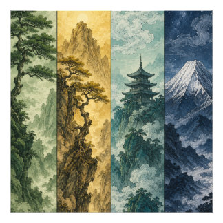 Four Seasons Mountain | Japanische Tintenlandschaf Fotodruck