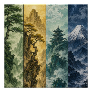 Four Seasons Mountain Japanische Tintenlandschaf Poster