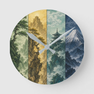 Four Seasons Mountain | Japanische Tintenlandschaf Runde Wanduhr