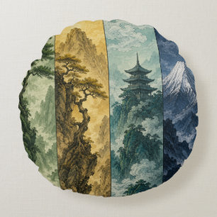 Four Seasons Mountain   Japanische Tintenlandschaf Rundes Kissen